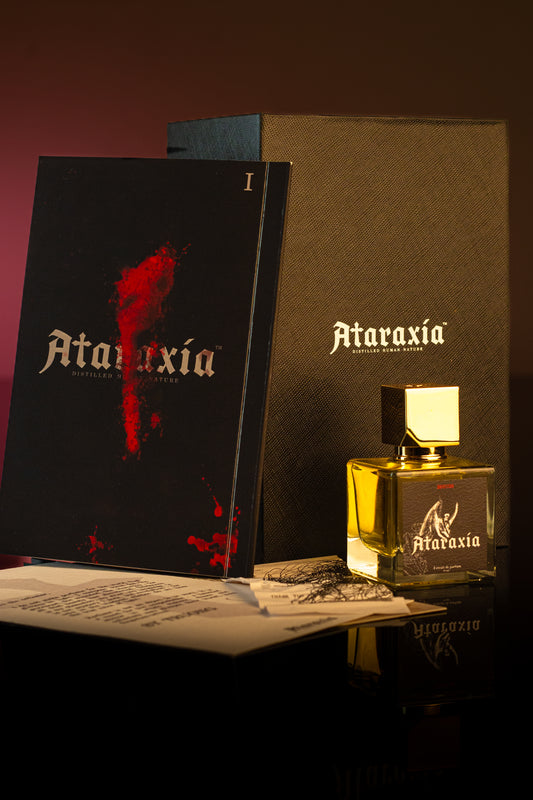 Ataraxia's Spinal Fluid perfume bottle with packaging and its manga